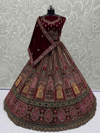 Beautiful Maroon Embroidered Bridal Lehenga Choli With Double Dupatta